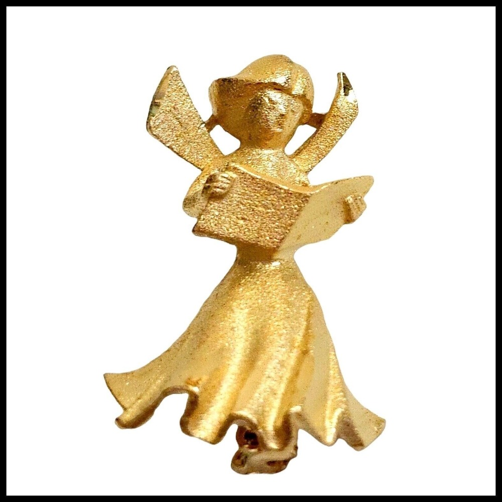 Vintage Gold Tone Angel Singing Reading Book Pin Texturized Brooch